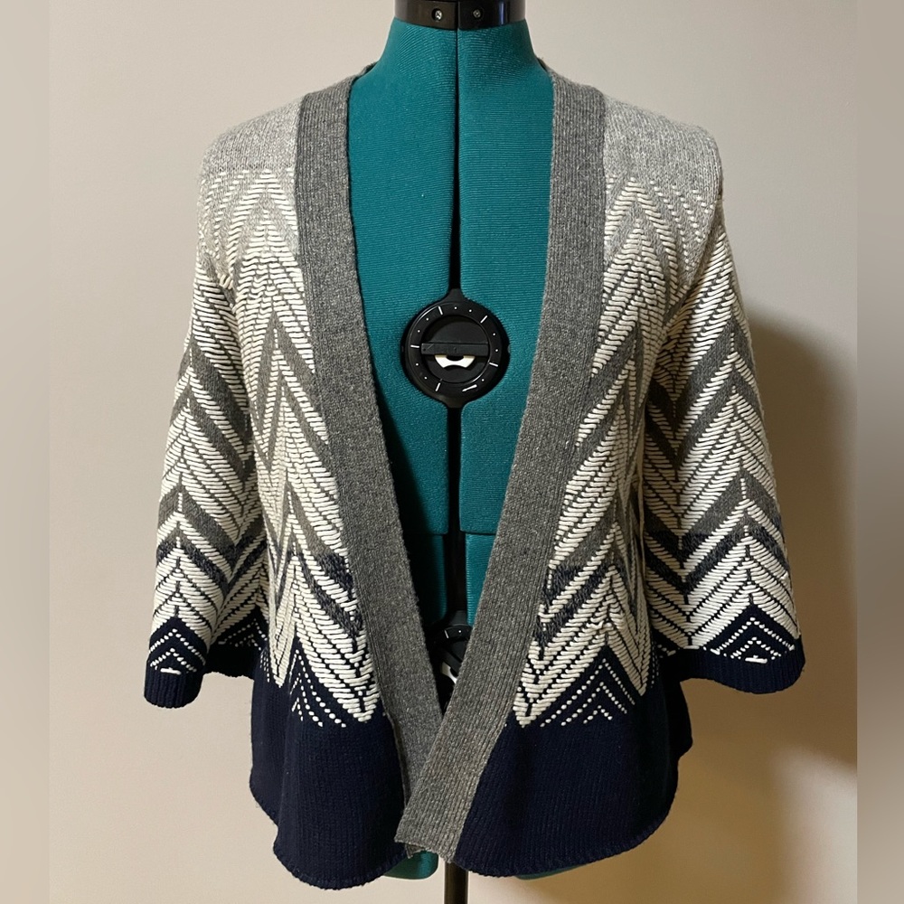 MOTH by Anthropology Tribal Pattern Textured Jacquard Cardigan Sweater Blue Gray